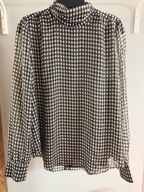 Ann Taylor Black and White Gingham Mock Neck Blouse